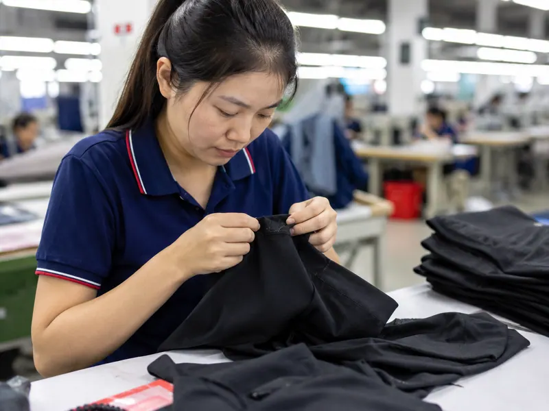 Illustrative garment quality inspection and workmanship checking scene